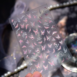 Summer Butterfly Nail Stickers for Nail Art - 1 Sheets Flower Nail Art Stickers 3D Self Adhesive High-end Feeling Pink Glitter Pearl Butterfly Nail Decals Manicure Supplies for Women