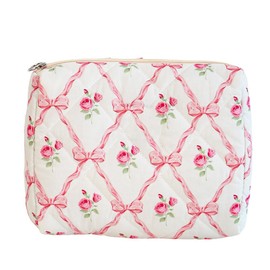 Makeup Bag Cute Cosmetic Bag Floral Large Capacity Quilted Pouch Travel Toiletry Bags for Women Girls Soft Accessories Organizer Case,Bowknot Pink