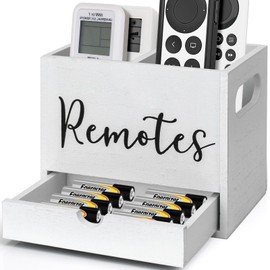 Remote Control Holder, 2 Slot TV Remote Holder& Desk Organizer with Drawers, Remote Organizer Caddy for Table, Wooden Remote Box for Nightstand,Media Storage Box for Living Room, Bed (White)