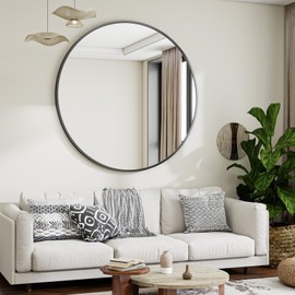 VooBang Large Black Round Bathroom Mirror, 48 inch Circle Wall Mounted Hanging Mirror with Simple Modern Circular Metal Frame for Hallway, Entryway, Living Room, Black Frame