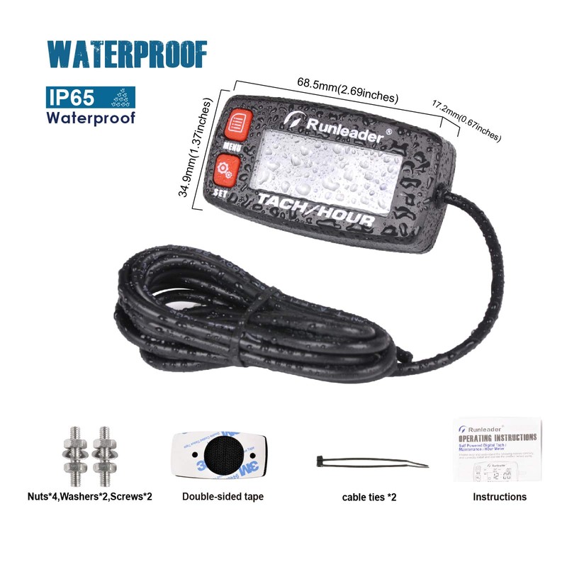 Runleader Digital Gas Engine Tachometer, Hours & RPM Record,Backlight Hour