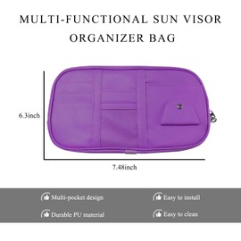 ZNDAW Car Sun Visor Organizer, Leather Multi-Pocket Visor Organizer Pouch with Double Zippers Net, Sunglass Holder Storage Pocket for License Pen Key Card Registration Document (Purple)