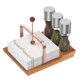 Napkin and shaker holder, Wood Napkin Holder for Table, Dining Napkin Holders with Salt Shakers Holder Space, Flat Napkin Holder Paper Storage for Kitchen Outdoor (Seasoning Jar Not Included), Brown
