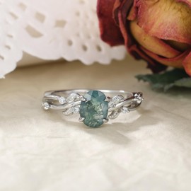 IRROYA Moss Agate Wedding Rings 1.5CT Oval Cut 6x8mm Unique Leaf Shaped Women's Engagement Rings Platinum Plated 925 Sterling Silver Women's Promise rings Gifts for Her Size 6.5