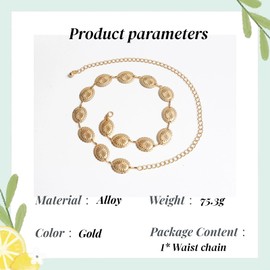 QKEOISUD Western Chain Belts for Women Cowgirl Chain Belts Metal Boho Hollow Out Daisy Decorated Skinny Waist Belt,Western Metal Concho Belt,Suitable for Dresses Jeans Costumes(Gold)