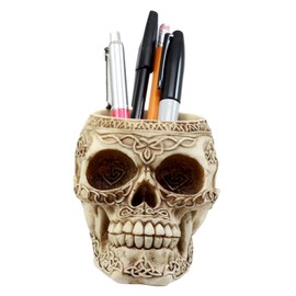 Ebros Gift Day Of The Dead Celtic Tribal Tattoo Skull Pen Holder Figurine 4.5" L Office Desktop Ossuary Skull Head Stationery Holder
