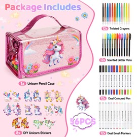 Unicorn Washable Markers for Kids With Glittery Pencil Case, Arts And Crafts for Kids Age 4-6-8, Art Supplies Coloring Set with Diy Unicorn Stickers, Birthday Christmas Gifts for Girls