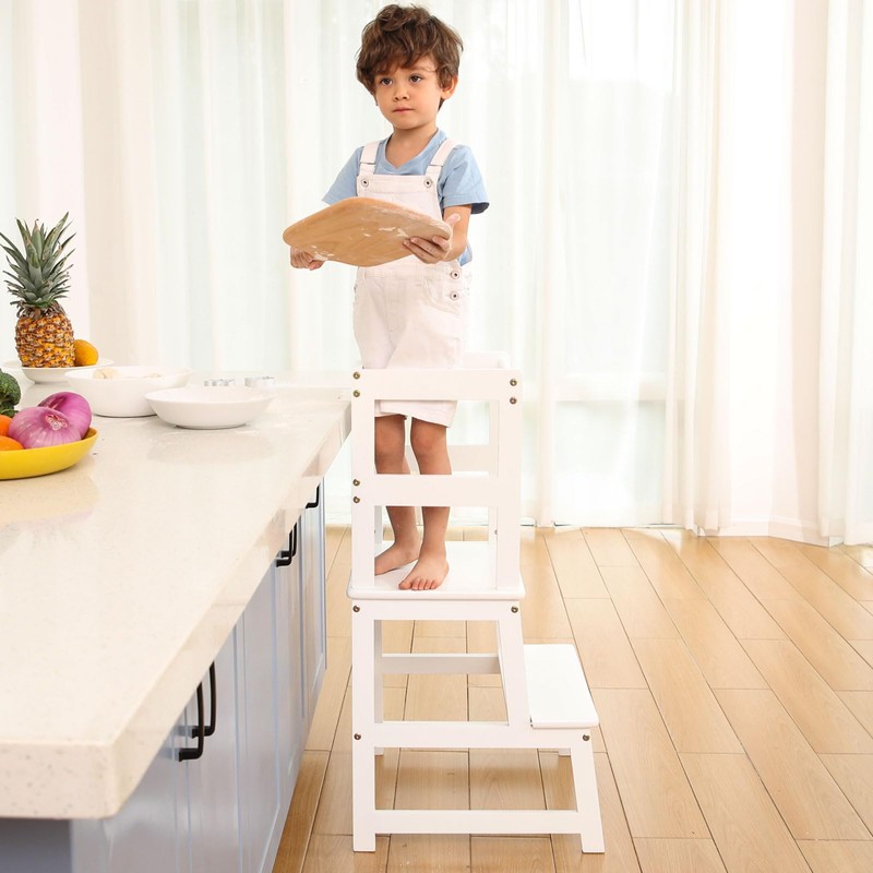 Kitchen Step Stool for Kids with Safety Rail,Solid Wood Construction