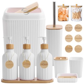 Bathroom Accessories Set White Bathroom Set with Trash Can,3PCS Lotion Soap Dispenser, Toothbrush Holder, Soap Dish,Tumbler Cup,6pcs Wood Tags White Bath Accessories with Tray for Bathroom Decor