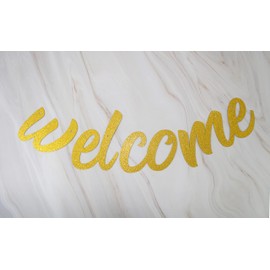 Starsgarden Glitter Gold Welcome to Our Home Banner for Housewarming Patriotic Military Decoration Family Party Supplies Cursive Bunting Photo Booth Props Sign(Gold Home)