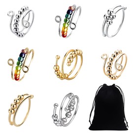 MEMOFYND 8 Pieces Stress Relief Rings, Adjustable Split Ring with Beads, Anti-Stress Ring, Anxiety Ring, Spinning Ring, with 1 Storage Bag, for Anxiety Relief, Decoration, Women, Girls