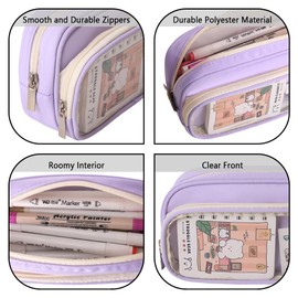 iSuperb Large Capacity Pencil Case with Compartments, Cute Transparent Pencil Pouch with Zipper, Big Storage Pen Bag for Men Women, Adult Stationery Pen Bag for Travel and Office (Purple)