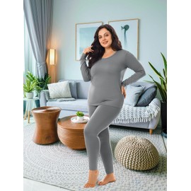 HOdo Plus Size Thermal Underwear Women Long Johns Fleece Lined Base Layer Top and Bottom Sets Light Grey 3X