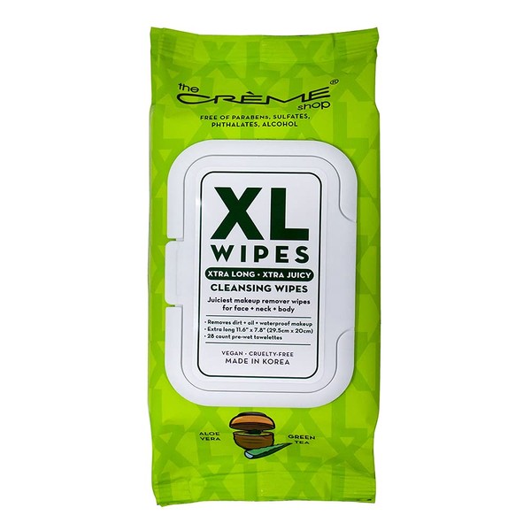 The Crème Shop XL Cleansing Wipes with Aloe Vera & Green Tea - Juiciest Makeup Remover Wipes for Face, Neck and Body (28 Wipes)