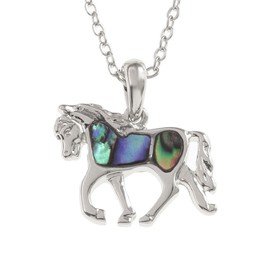 Kiara Jewellery Horse Pendant Necklace with Natural Greenish Blue Inlaid Paua Abalone Shell on 18" Trace Chain Rhodium Plated Tarnish Protected, Silver/Rhodium Plated Base Metal with Natural Paua