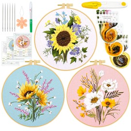 cotaour 3 Sets Embroidery Kit for Beginners, Embroidery Kit for Adults with Follow Instruction, Cross Stitch Kits with Wooden Embroidery Hoops (Style-A)