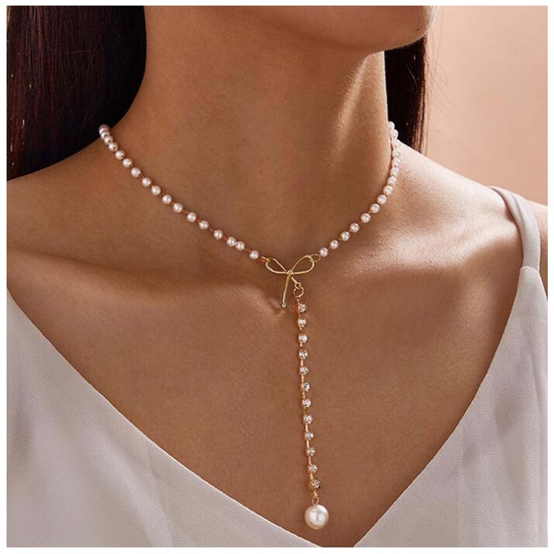 Allereya Crystal Pearl Pendant Necklace Long Drop Y Necklace Station