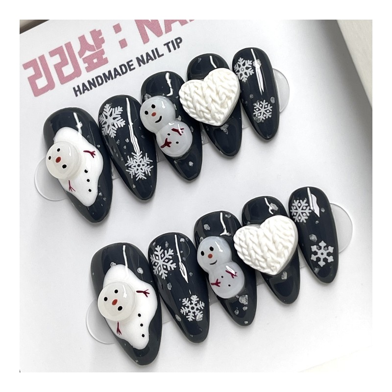 Winter Night Snowman Handmade Nail Tips - Short Almond /