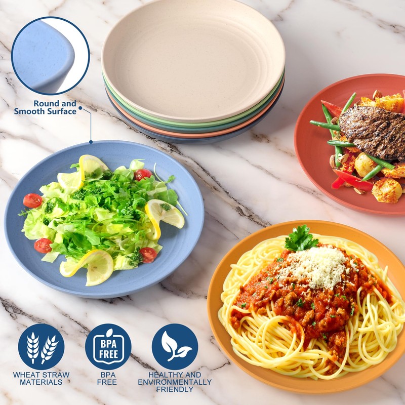 HOTEC 8-Pack 10inch BPA Free Unbreakable Deep Dinner Plates, Wheat