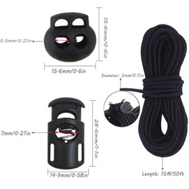Joycoco 20pcs Plastic Cord Locks with 1/8-Inch 50ft Elastic Cord Heavy Stretch Round String, 10Pcs Sing-Hole, 10pcs Double-Hole Spring Toggle Stopper Slider Black (3mm-Black)