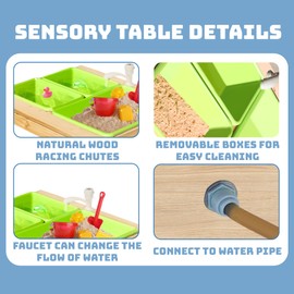 Kids 3 Sets Rushing River Falls Sensory Table, Wood Sand Playset for Kids, Outdoor Wooden Toy Play Water Set for Boys and Girls, Picnic Table for Outdoor Backyard Splash (Natural2)