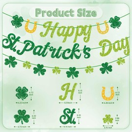 GULWAT Glitter Happy St. Patricks Day Banner Pre-Assembly Spring Shamrock Garland Irish Decorations for St Patricks Accessories Irish Party Lucky Day Office Home Glitter Wall Four Leaf Clover Decor