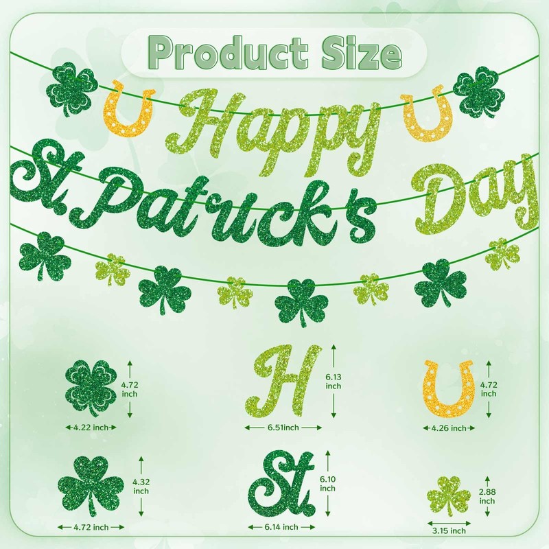 GULWAT Glitter Happy St. Patricks Day Banner Pre-Assembly Spring Shamrock