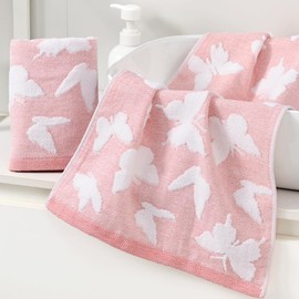 Absnuopt Pink Hand Towel Set of 2 Ultra Absorbent 100% Cotton Towels Super Soft White Terry Side & Butterfly Jacquard Side Decorative Bath Hand Towels for Bathroom 13 x 29 Inch