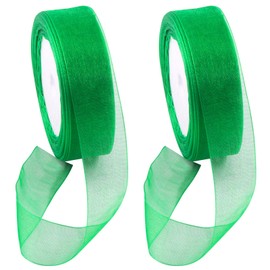 Swpeet 2 Rolls 50 Yards x 1 Inch Green Shimmer Sheer Fabric Ribbons Organza Ribbon, Transparent Sheer Ribbon Chiffon Fabric Ribbons for Bouquets Wedding Birthday Decoration