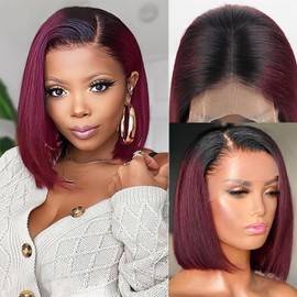 1B 99j Bob Wig Human Hair,1B Burgundy 13x4 Lace Front Wigs Human Hair Pre Plucked Red Short Straight Bob Frontal Wigs for Black Women 12 inch
