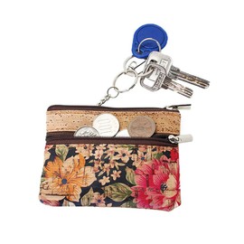 Boshiho Eco-Friendly Cork Zip Wallet with Key Ring, Multi flower., coin purse