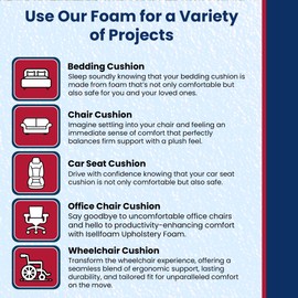 Isellfoam Upholstery Foam Cushion High Density 8" T x 24" W x 80" (Extra Firm) 50ILD High Density Upholstery Foam Cushion CertiPUR-US Certified Foam, Made in USAQ