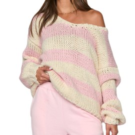 Women Striped Knit Sweaters 2025 Oversized Fall Winter Drop Shoulder Color Block Long Sleeve Loose Fit Pullover Tops (US, Alpha, Small, Regular, Regular, Pink d)