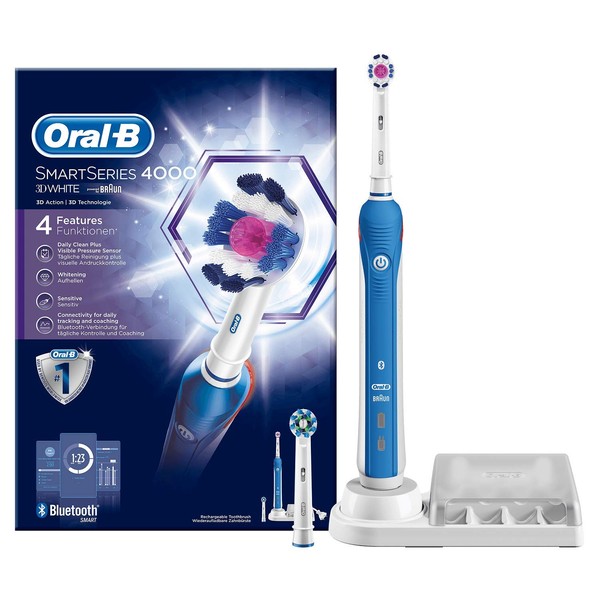 Oral-B SmartSeries 4000 elektrische Zahnbürste, mit Timer und zwei 3DWhite Aufsteckbürsten, weiß/blau