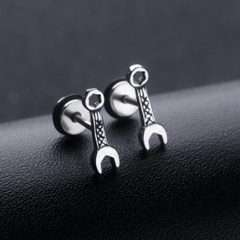 Wrench Surgical Steel Earrings Studs Stainless Steel Hip Hop Earrings Men Rock Punk Earrings ER74, Stainless Steel, No Gemstone