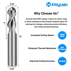 Carbide Ball Nose End Mills - 2 Flutes TISIN Coated End Mill Bits, Tungsten Milling Bits for Steel, Forge Steel, Hardened Steel, Copper, Alloys & More (1, 1/2 in)