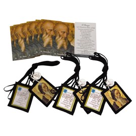 Westmon Works St Benedict Scapular and Holy Card Set Bulk Classroom Pack Bundle of Traditional Brown Felt Scapular and Prayer Saint Cards, Set of 12 of Each