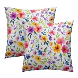 Watercolor Floral Throw Pillow Cover 18x18 Inch Pack of 2 Spring Farmhouse Cushion Pillow Case Square Pink and White Colorful Flowers Pillowcase for Spring Party Bed Sofa Home Car Bedroom Outdoor