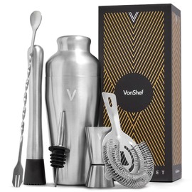 VonShef Cocktail Shaker Set, Silver 6pc Set with 550ml Parisian Cocktail Shaker, Professional Bartender Set for Home Bar, Including Strainer, Muddler, Jigger & Other Bar Accessories, Gift Box Included