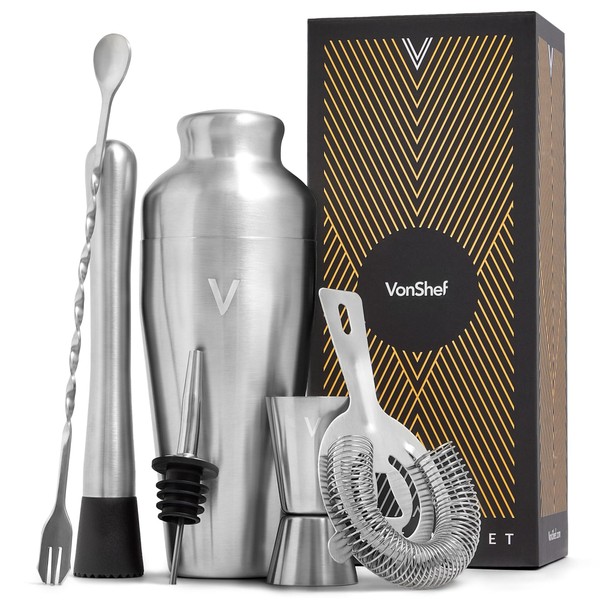 VonShef Cocktail Shaker Set, Silver 6pc Set with 550ml Parisian
