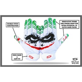 Joker Football Receiver Gloves White - Youth Adult Unleash Venom with Jester Stealth Elite Tacky Pro Grip Palms Men Kids Boys Small to XXL Sizes Battle College Lineman (Youth - XS)