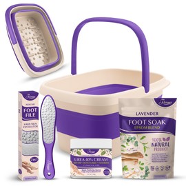 Fivona Foot Care Kit 4 in 1 - Foot Soak Blend with Epsom Salt, Lavender and Essential Oils - Collapsible Foot Soak Basin - 40% Urea Cream for Hard, Dry Skin - Dual Action Foot File