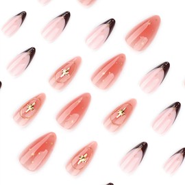 Gold Press on Nails Short Almond Fake Nails with Designs 3D Star French Tip Glue on Nails Reusable Artificial Acrylic Stick on Nail for Women Gorgeous 24 Pcs WYFHDT