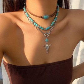 NORLSO Layered Western Turquoise Cowgirl Necklace for Women Boho Turquoise Beaded Neckalce Ox Head Pendant Necklaces Trendy Western Pendant Beach Jewelry Gift for Women (A.)