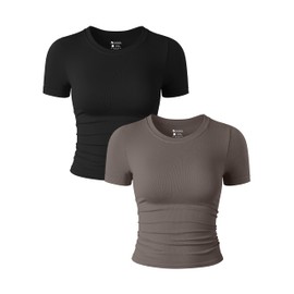 OQQ Womens 2 Piece Shirts Short Sleeve Crew Neck Ruched Stretch Fitted Tee Shirts Crop Tops Black Tea Leaf