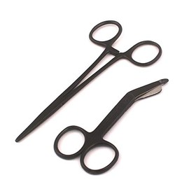 Heavy Duty Color Black Lister Bandage Trauma Shears Scissors + Hemostat Forceps Straight Premium Quality (Precise Canada) (3.5" Scissors + 5" Straight Hemostat)