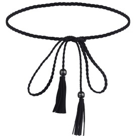 Women's Thin Braided Belt Trendy Boho Thin Belt Waistband Women Tassel Braided Waist Belt for Women Dress (Black)