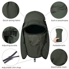 GADIEMKENSD Foldable Fishing Sun Hat with Neck Flap Face Cover 360 Sun Protection Cool Baseball Cap Adjustment Covering Removable Legion Hat for Fishing Gardening Hiking Hunting Army Green