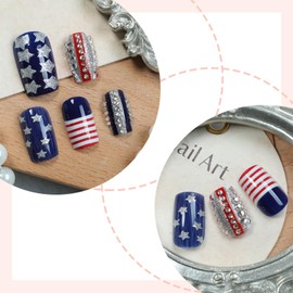 Glossy Gold Stars Stick on Nail Fourth of July Press on Nails 4th of July Fake Nails 24Pcs Medium Square Acrylic Full Cover False Nail American Flag Gel Glue on Fingernails for Holiday Manicure Art