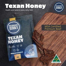 Melbourne Jerky, Premium Beef Jerky, Healthy Snack Alternative, High-Protein Snack, Wholesome, Tender, Juicy, Flavorful, MSA Grade, Australian Made, Ready-to-Eat, 50gms, Texan Honey Flavored